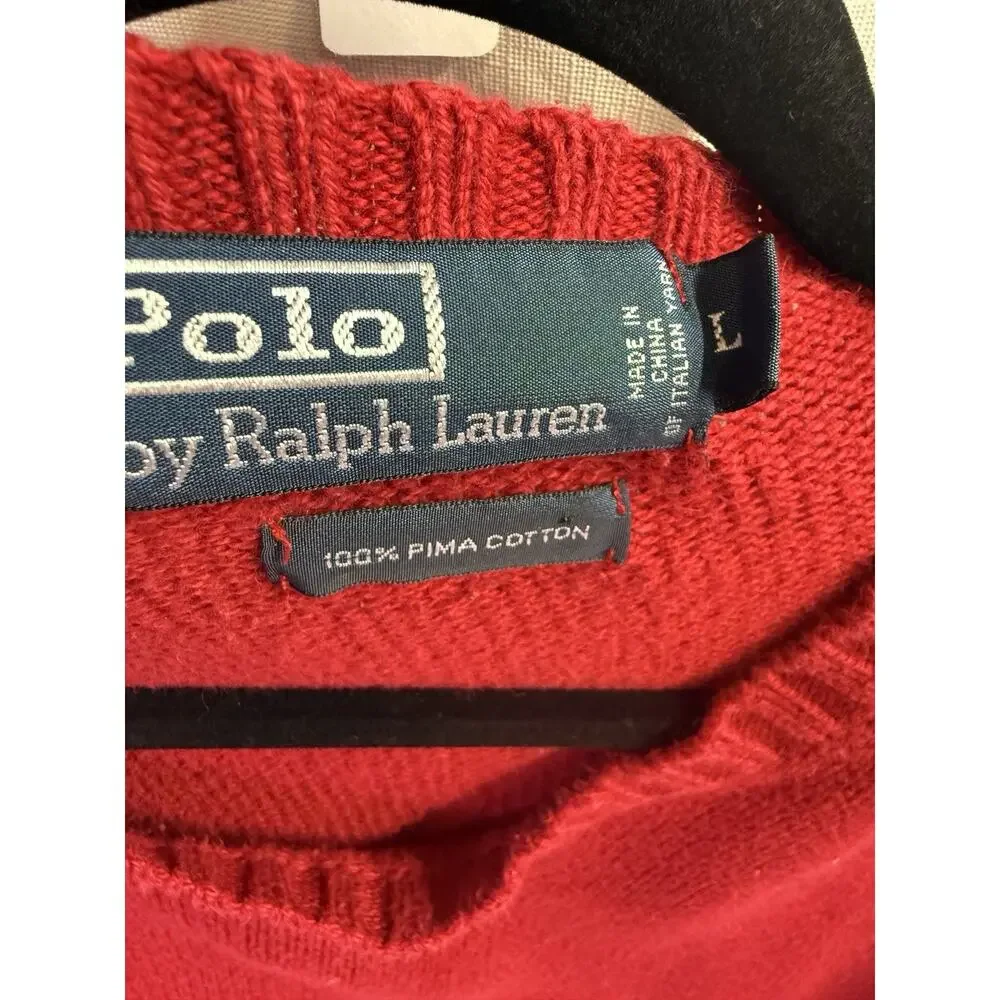Polo Ralph Lauren Men's Red VINTAGE Pima Cotton V-Neck Knit Sweater Logo L